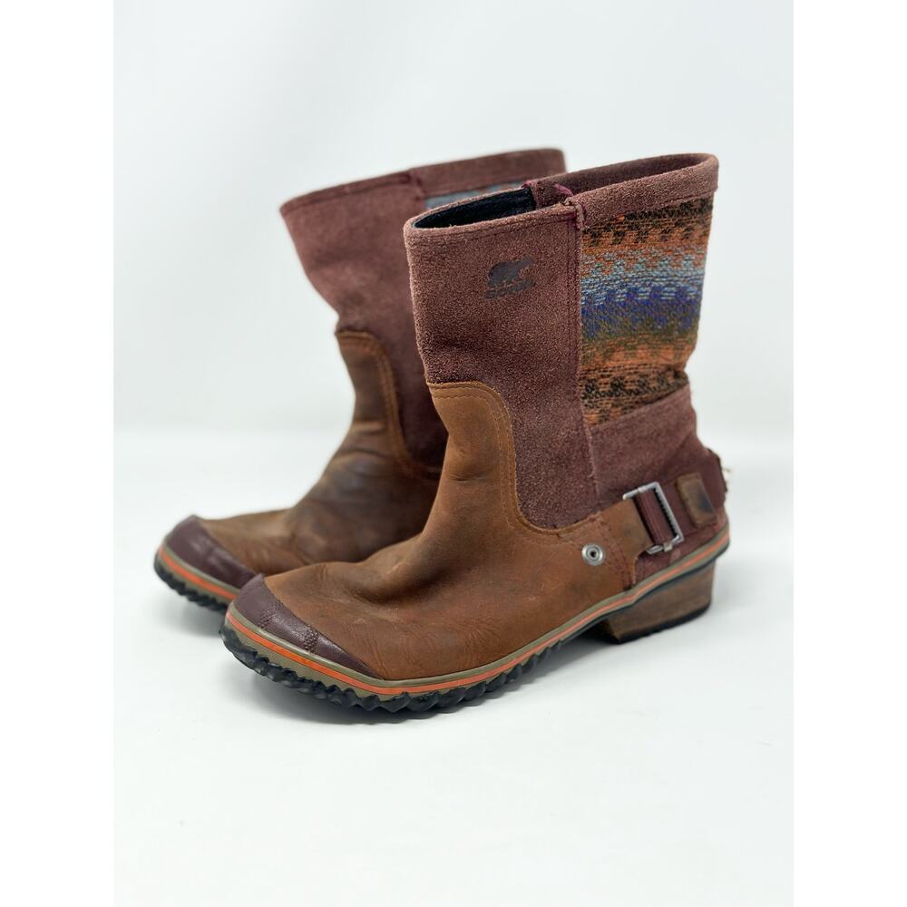 Sorel Slimshortie Madder Blanket Brown Leather Boots Size 7